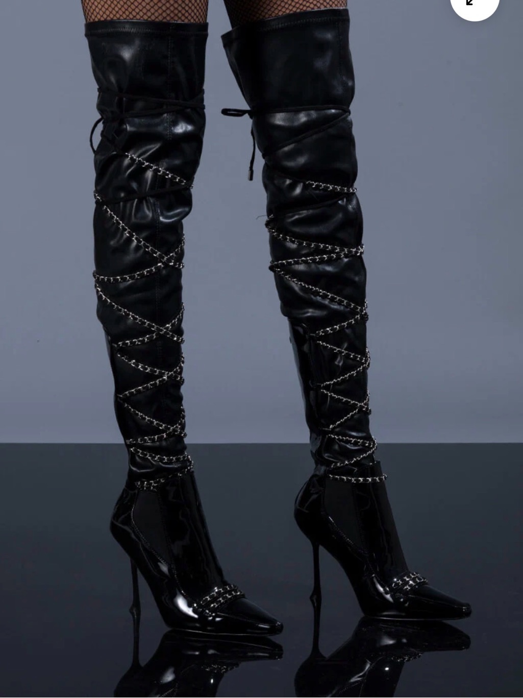 Akira Black Patent Over-The-Knee Stiletto Boots With Chain Detail
